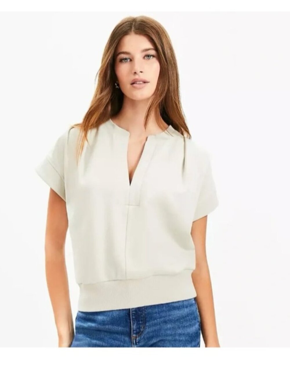 LOFT PLEATED V-NECK SWEATSHIRT COTTON BLEND BEIGE SIZE LARGE